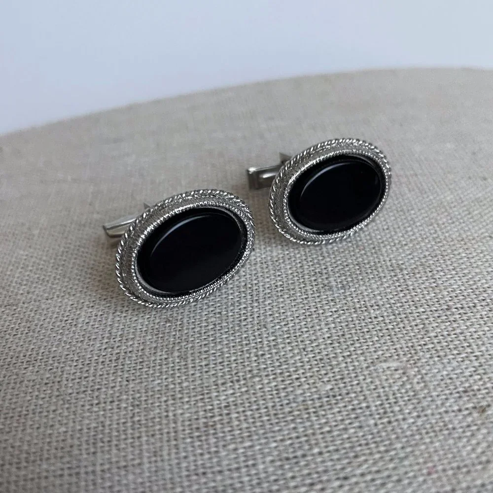 Vintage Classic Silver Black Tone Oval Cuff Links